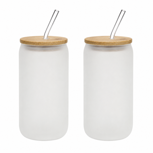 Frosted Glass Cup Set of 2-16oz with Bamboo Lids & Glass Straws
