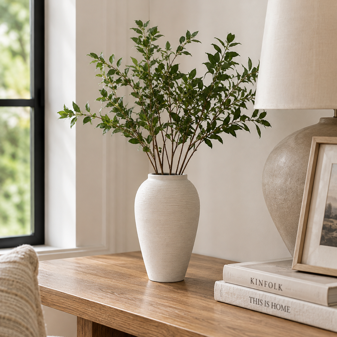 White Ribbed Ceramic Vase-Large