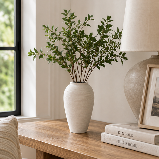 White Ribbed Ceramic Vase-Large