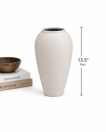 White Ribbed Ceramic Vase-Large