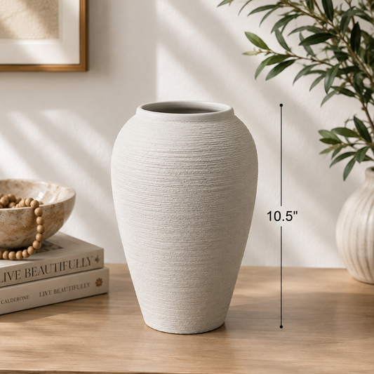 White Ribbed Ceramic Vase-Medium