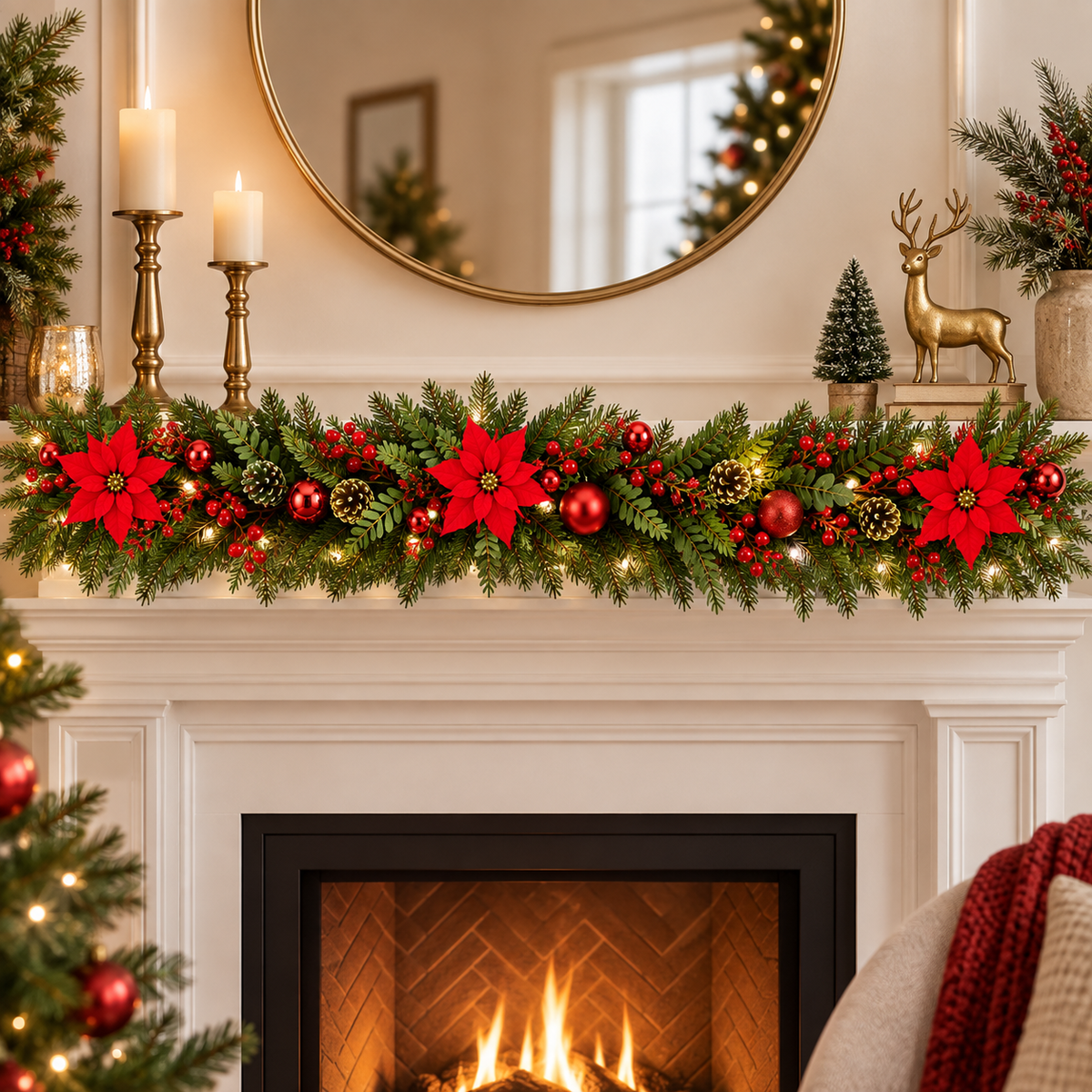Red Flower Christmas Garland (4.92 ft L)