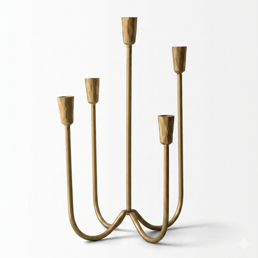 Antique brass 5-arm candelabra candle holder made of cast iron, decorative centerpiece on tabletop