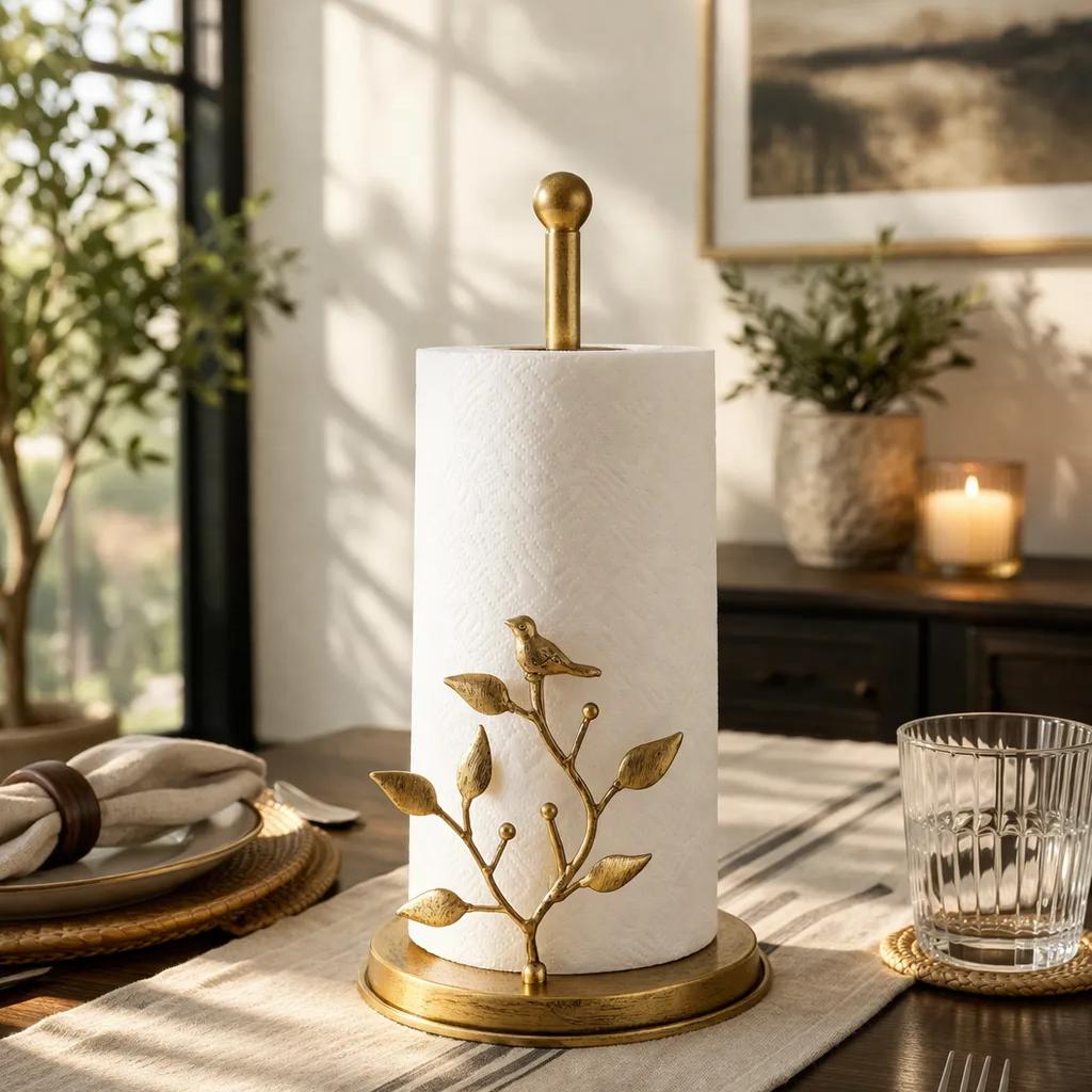 Antique brass rose paper towel holder, decorative countertop stand