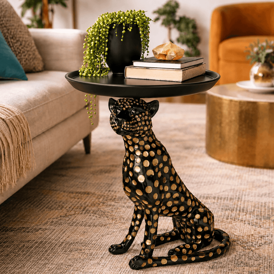 Atelier Leopard Tray Side Table-Sculptural Accent with Matte Black Round Tray