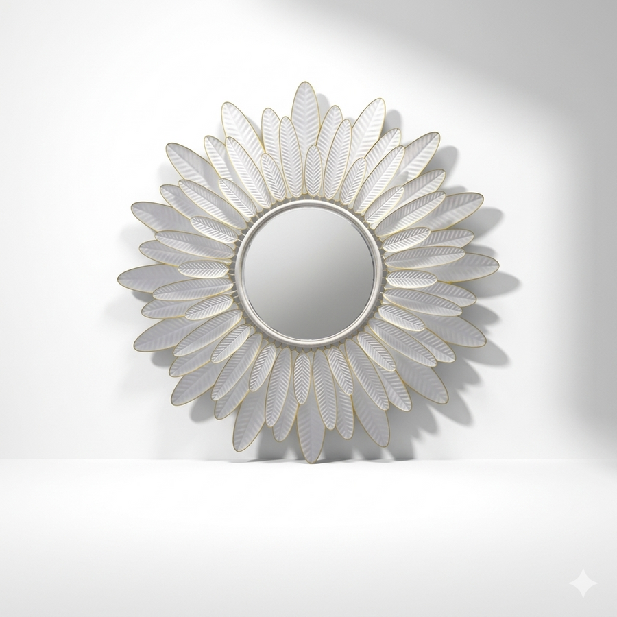 Aurelia White Petal Sunburst Wall Mirror-32in Metal & Glass Statement Mirror