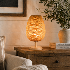Bamboo Weave Table Lamp-Wood Base (2 Shade Shapes)