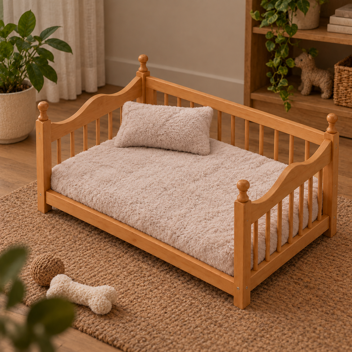 Wooden Pet Bed with Plush Cushion