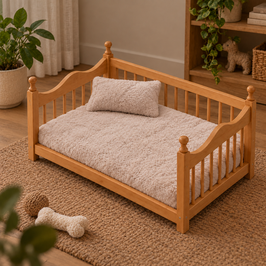 Wooden Pet Bed with Plush Cushion