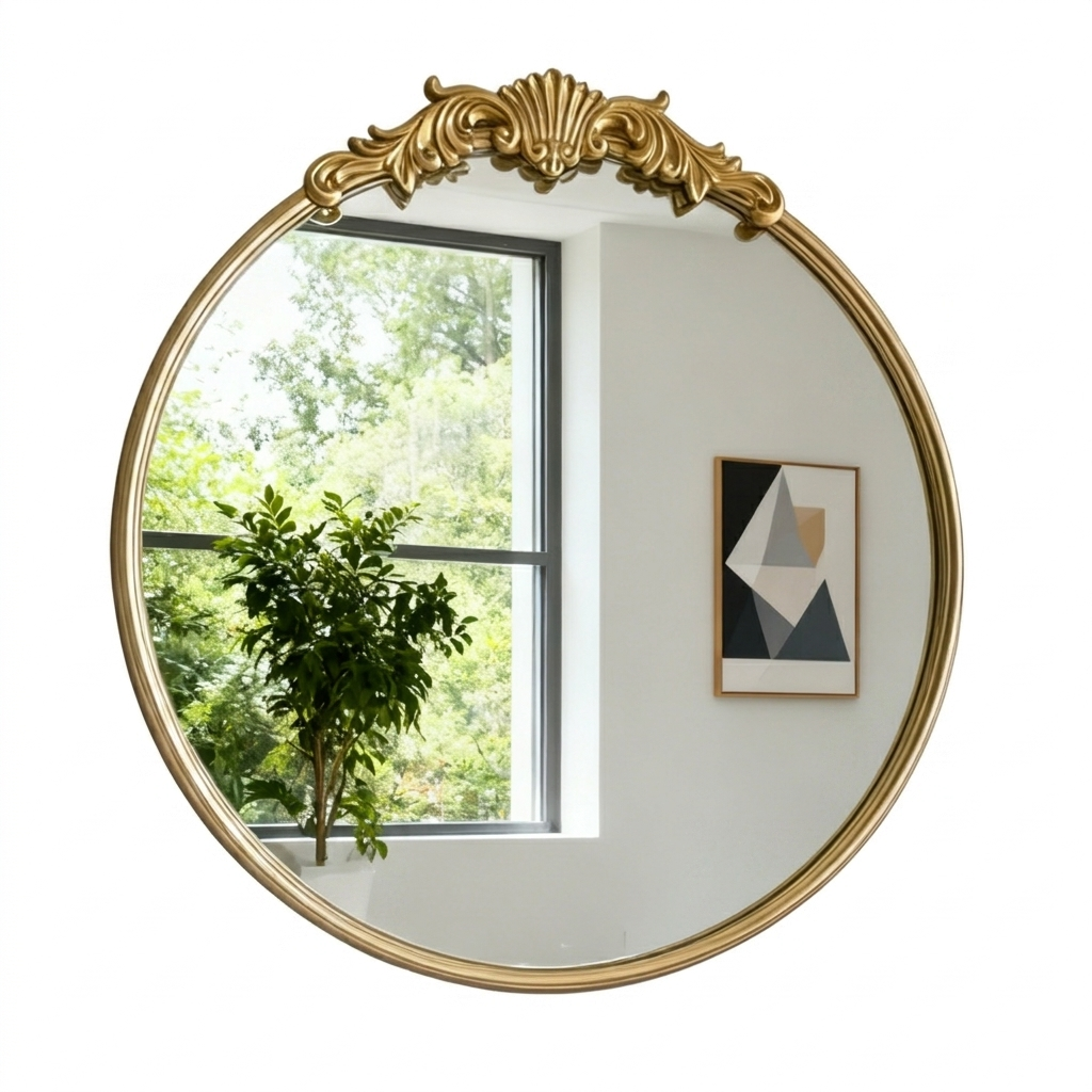 Ornate Gold Round Wall Mirror (19.7in) - Vintage Decorative Accent Mirror with Crest Detail
