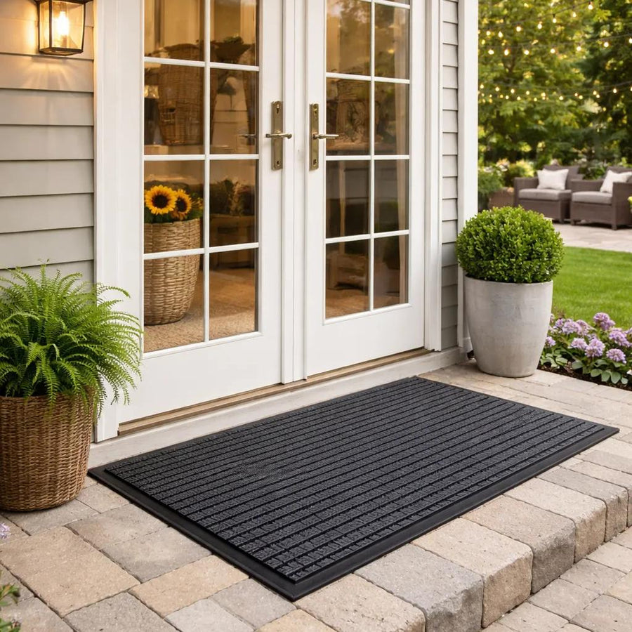 Graphite gray ribbed outdoor doormat at front entryway, Arrival Ribbed Entry Mat