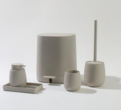 Matte Sand 5-piece bathroom set with soft-square step trash can, toilet brush, soap dispenser, tumbler cup and tray