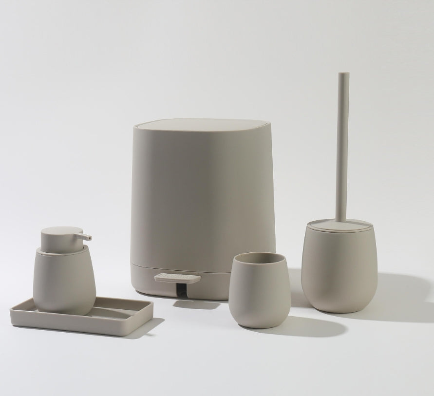 Matte Sand 5-piece bathroom set with soft-square step trash can, toilet brush, soap dispenser, tumbler cup and tray