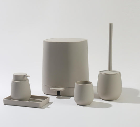 Matte Sand 5-piece bathroom set with soft-square step trash can, toilet brush, soap dispenser, tumbler cup and tray