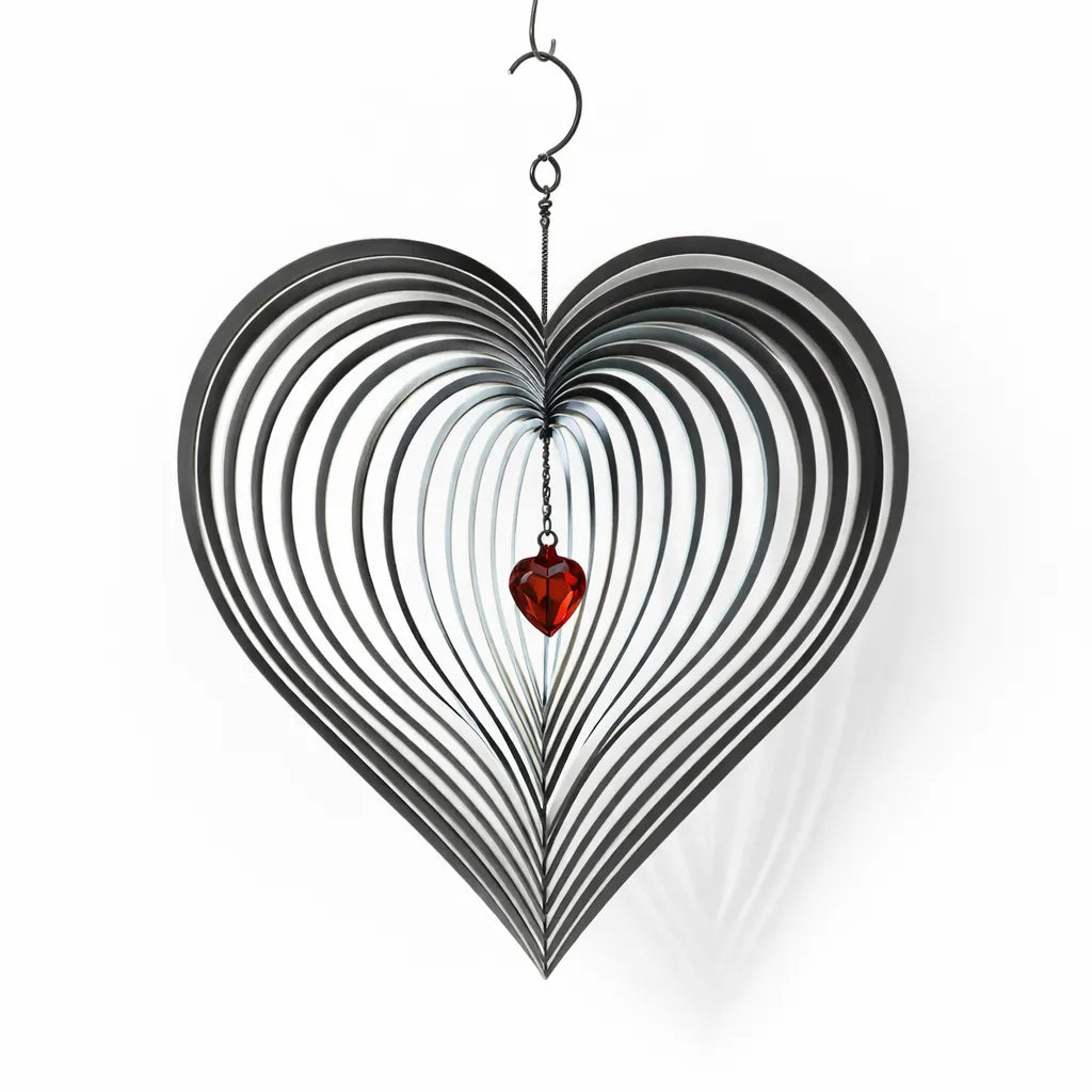 3D stainless steel heart wind spinner with red crystal accent, 20cm kinetic hanging garden and patio decor
