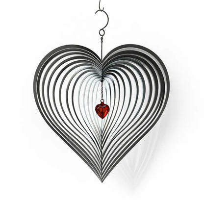 3D stainless steel heart wind spinner with red crystal accent, 20cm kinetic hanging garden and patio decor