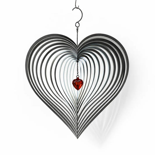 3D stainless steel heart wind spinner with red crystal accent, 20cm kinetic hanging garden and patio decor