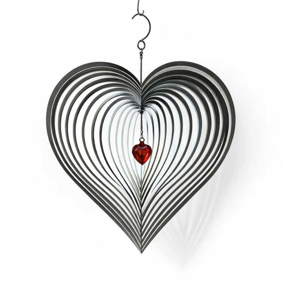 Stainless Steel Heart Wind Spinner with Red Crystal Accent
