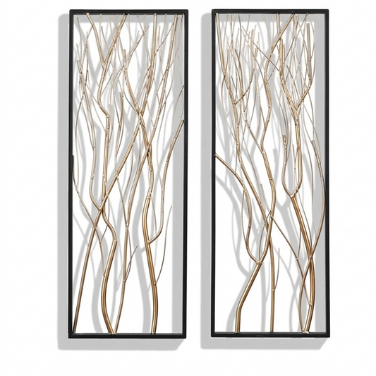 Set of two tall vertical branch metal wall art panels, 33×92 cm each, modern wall decor for living room or entryway