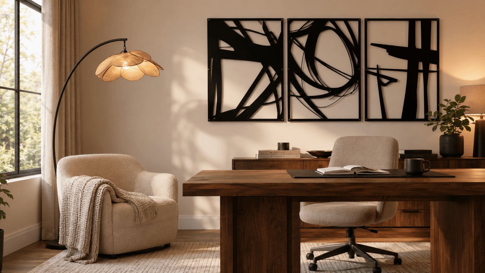 Warm Modern Home Office with a Reading Corner