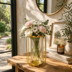 LumenFrame Lantern Cage vase – gold metal wireframe with removable borosilicate glass insert