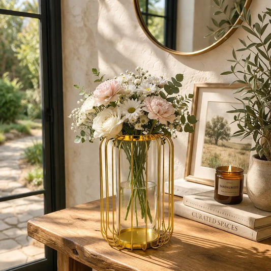 LumenFrame Lantern Cage vase – gold metal wireframe with removable borosilicate glass insert