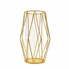 Tall gold wireframe vase centerpiece – Lantern Cage style with clear glass insert