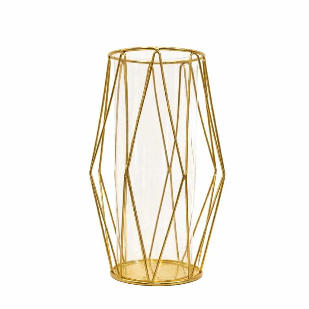 Tall gold wireframe vase centerpiece – Lantern Cage style with clear glass insert