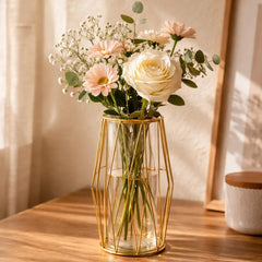 LumenFrame Faceted Prism vase – geometric gold wireframe with borosilicate glass insert