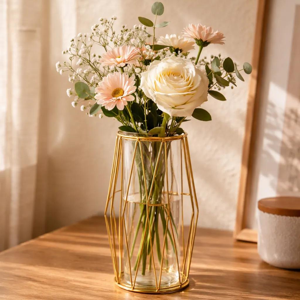 LumenFrame Faceted Prism vase – geometric gold wireframe with borosilicate glass insert