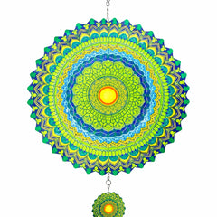 Emerald Mandala: 12-inch green mandala stainless steel wind spinner with hanging charm disc, 3D outdoor garden decor