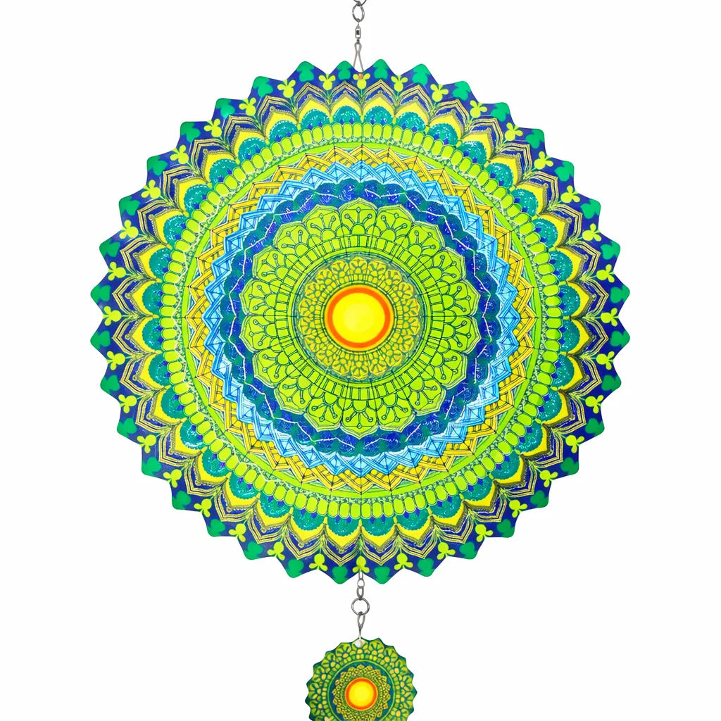 Emerald Mandala: 12-inch green mandala stainless steel wind spinner with hanging charm disc, 3D outdoor garden decor