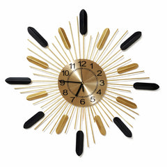 Black and brass sunburst silent wall clock, mid-century modern metal quartz wall clock, 23.6 inch