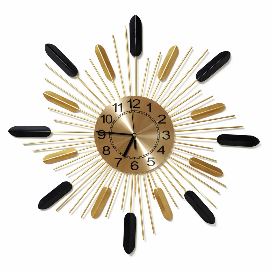 Mid-Century Sunburst Silent Wall Clock (Black & Brass) - 23.6in Metal Quartz Wall Clock