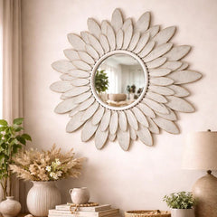 glass wall mirror, floral wall mirror, petal mirror, daisy wall mirror, statement mirror, round wall mirror, 