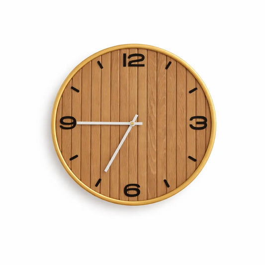 Round wall clock with woodgrain dial and gold metal rim, 13.8-inch decorative wall clock
 
