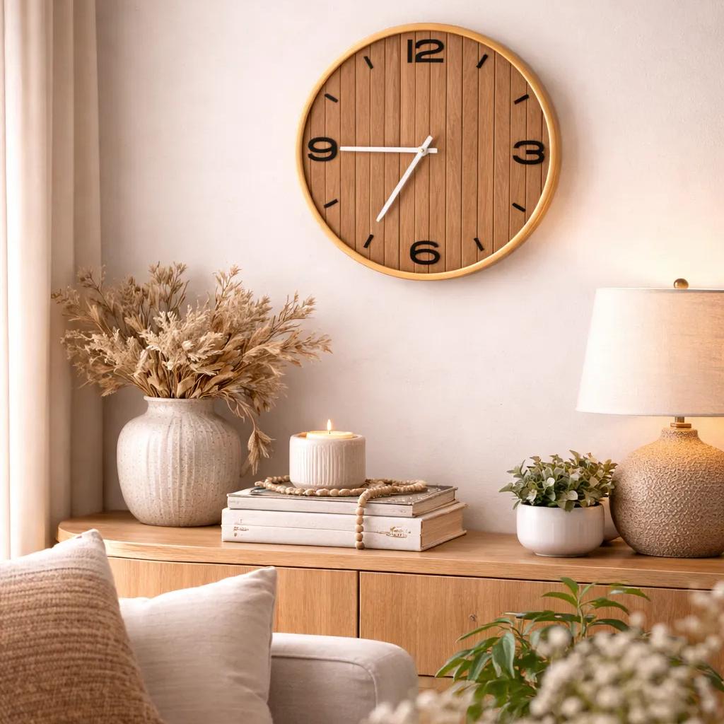 Close-up of gold rim and woodgrain MDF clock face with bold numerals and contrasting hands