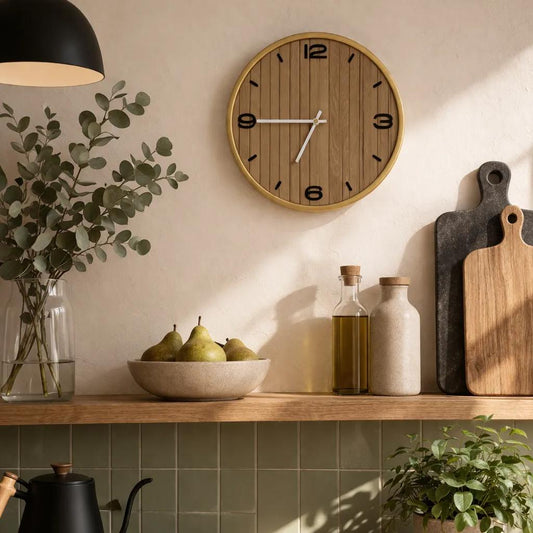 Modern gold wall clock styled above a console table in a bright living room interior