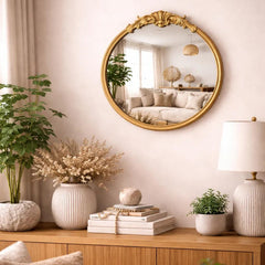 Ornate Gold Round Wall Mirror (19.7in) - Vintage Decorative Accent Mirror with Crest Detail