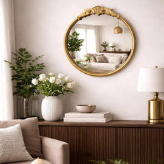 Ornate Gold Round Wall Mirror (19.7in) - Vintage Decorative Accent Mirror with Crest Detail