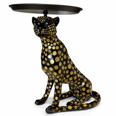 Black and gold leopard sculptural tray side table with matte black round top tray