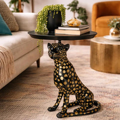 Atelier Leopard Tray Side Table-Sculptural Accent with Matte Black Round Tray