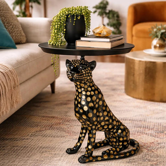 Atelier Leopard Tray Side Table-Sculptural Accent with Matte Black Round Tray