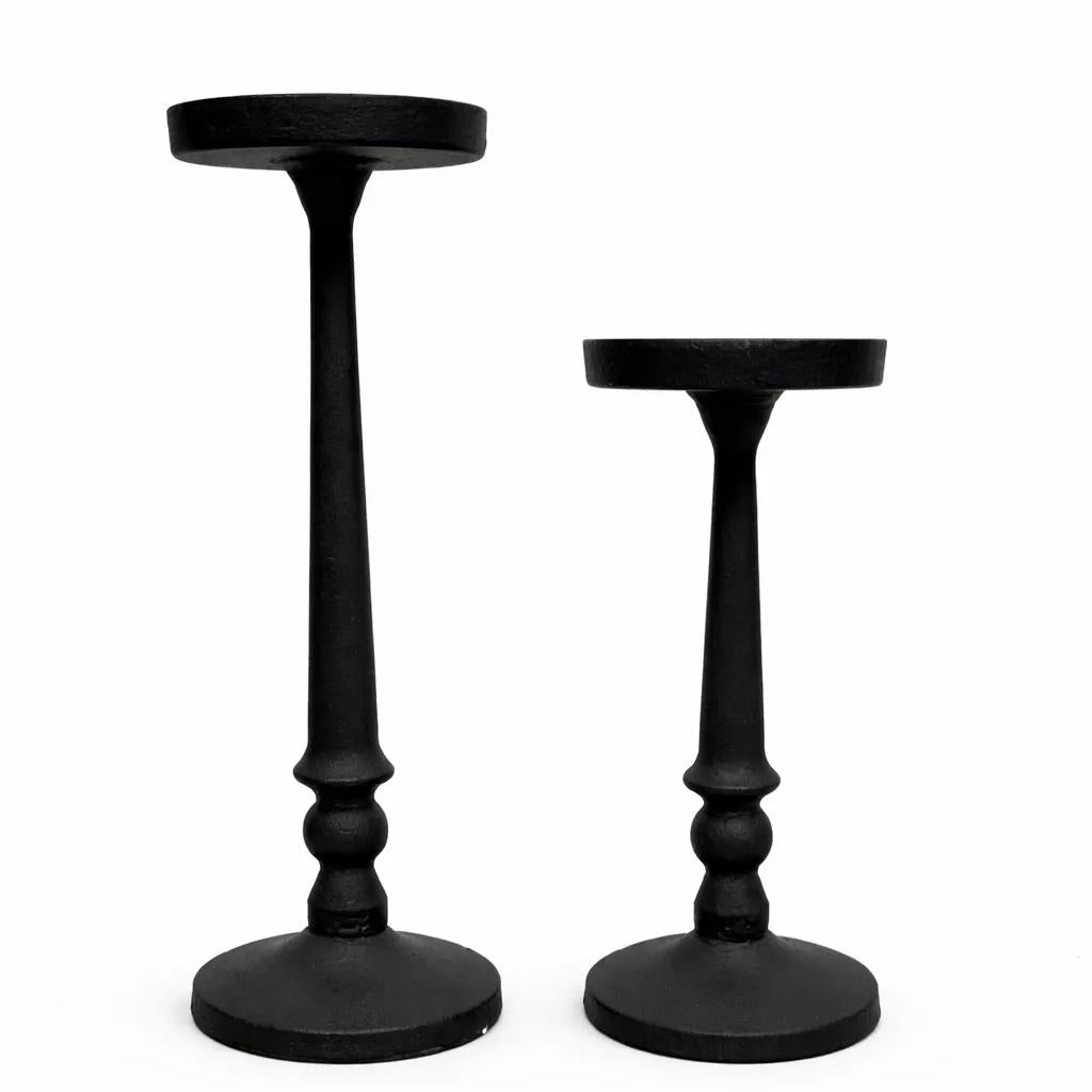 Two-height cast iron pillar candle holders (25cm & 31cm) for table and mantel decor