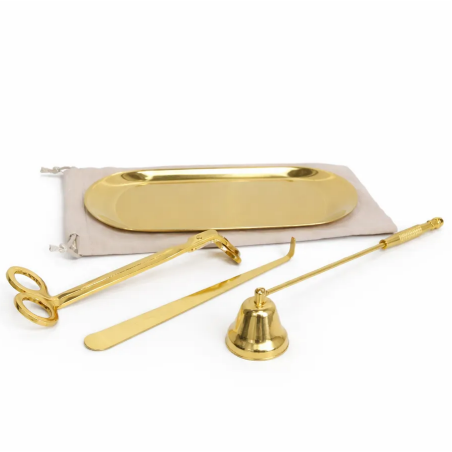 Stainless steel candle care tool set with tray in black finish (lighter not included)