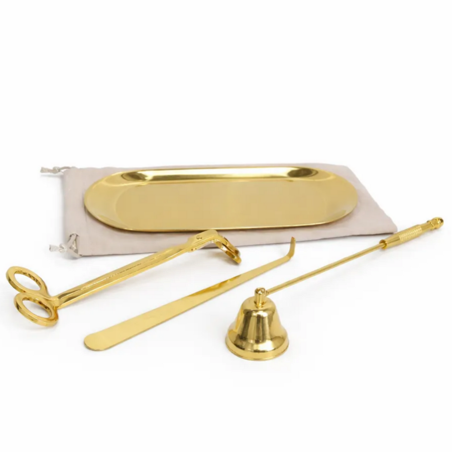 Stainless steel candle care tool set with tray in black finish (lighter not included)