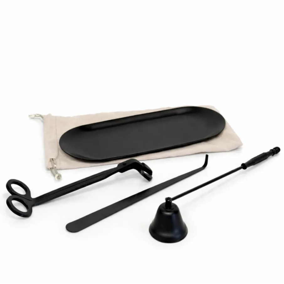 Stainless steel candle care tool set with tray in gold finish (lighter not included)
