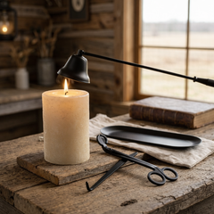 Wick trimmer, candle snuffer and wick dipper tools on oval tray—candle maintenance kit