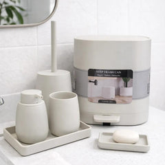 Soft-touch matte neutral bathroom accessories set with coordinated vanity tray, dispenser and cup