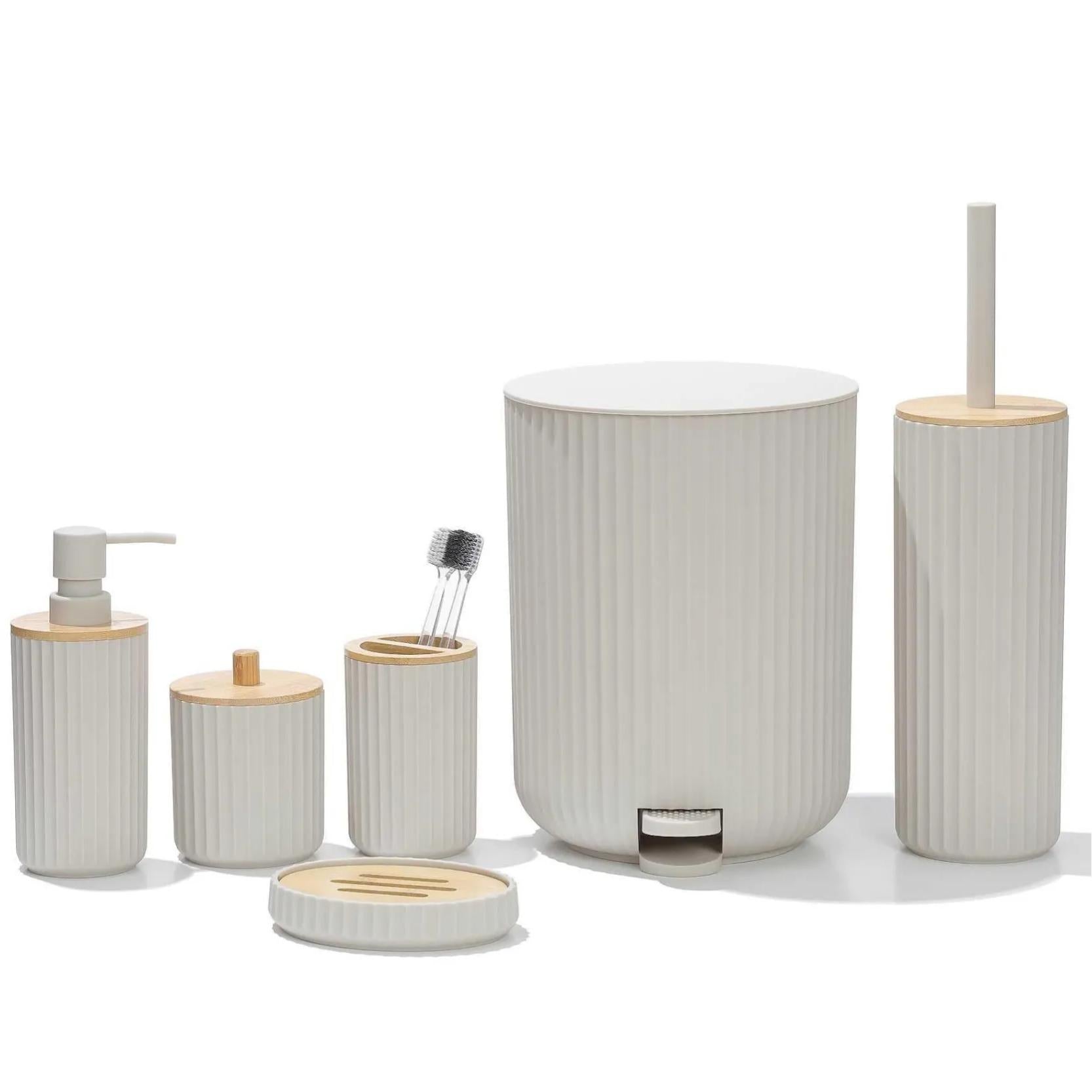 Ribbed matte Ivory 6-piece bathroom accessory set with bamboo accents, step trash can and toilet brush